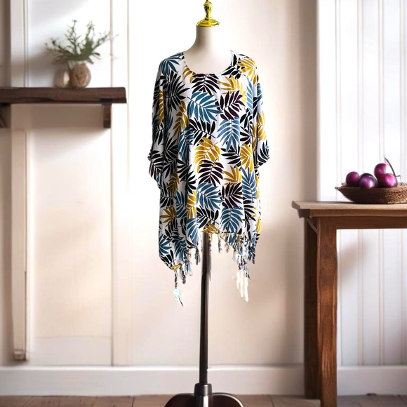 0075/ Leaves Pattern Poncho, Kimono Poncho - Picture 2 of 8